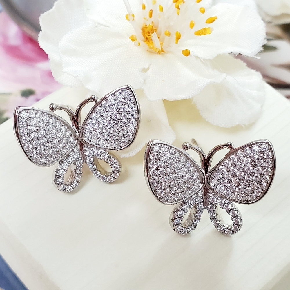 E7 NEW Diamond Sterling Stud Butterfly Earrings